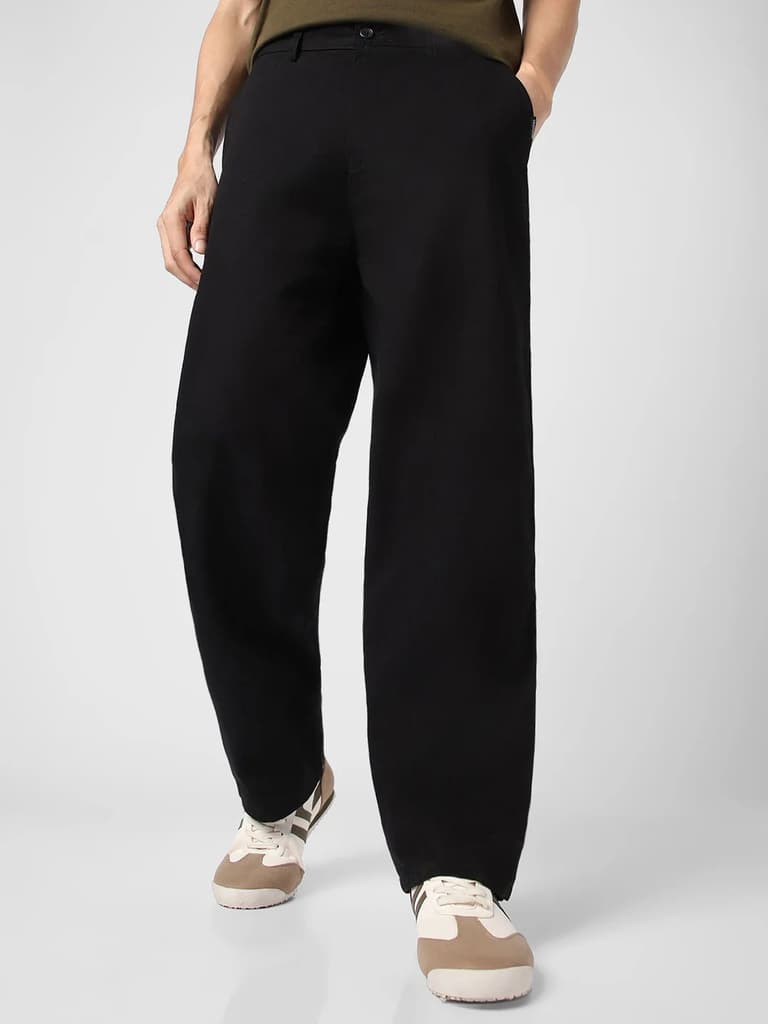 Men's Black Loose Baggy Fit Solid Chino Trousers Non-Stretchable — 28 / Black