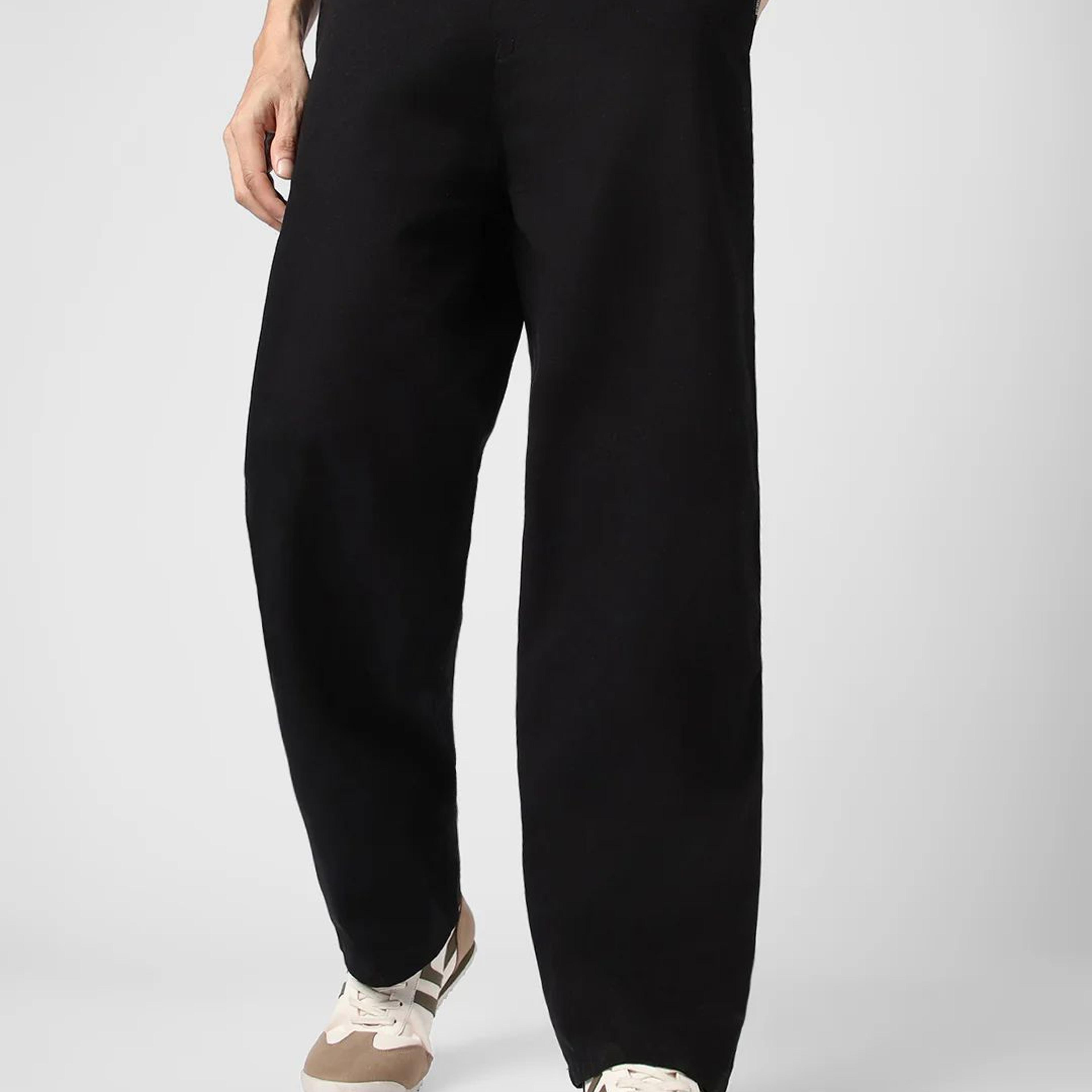 Men's Black Loose Baggy Fit Solid Chino Trousers Non-Stretchable