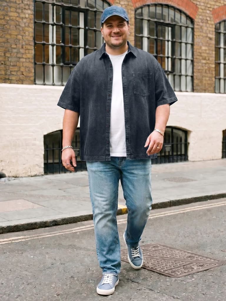 Plus Men's Dark Blue Oversized Fit Half Sleeve Solid Casual Denim Shirt — photo 4