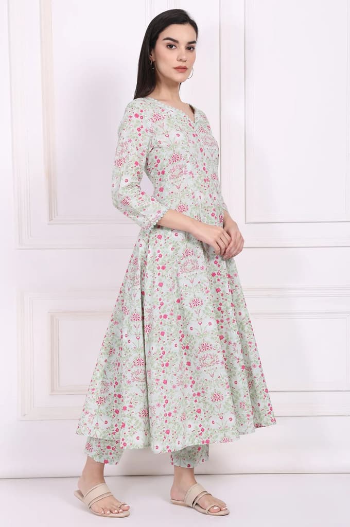 Light Green Floral Printed Lace Trim Anarkali Cotton Kurta with Straight Pant and Dupatta Set — photo 6
