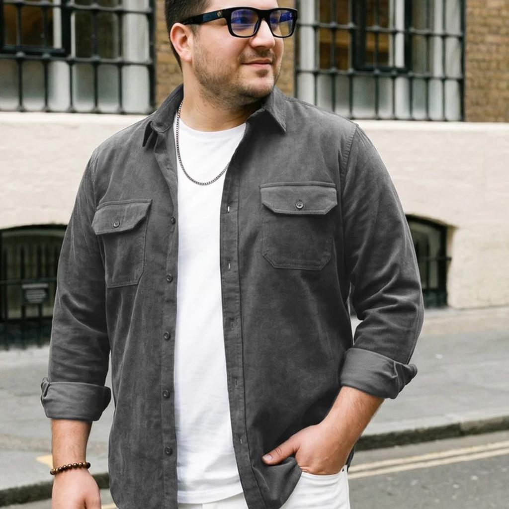 Plus Men's Grey Corduroy Full Sleeve Regular Fit Solid Overshirt with Utility Pockets