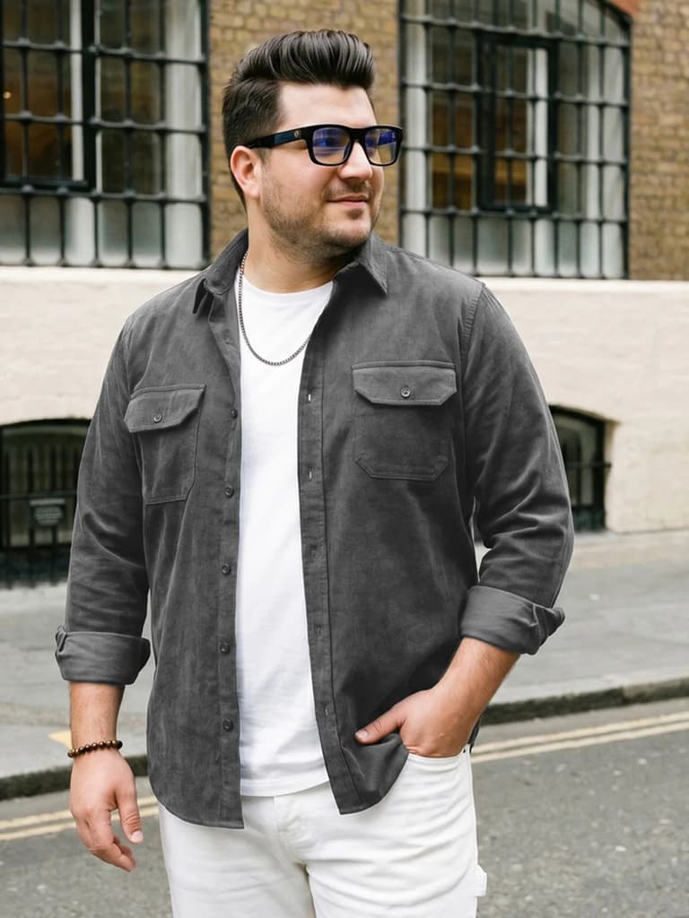 Plus Men's Grey Corduroy Full Sleeve Regular Fit Solid Overshirt with Utility Pockets — XXL / Grey