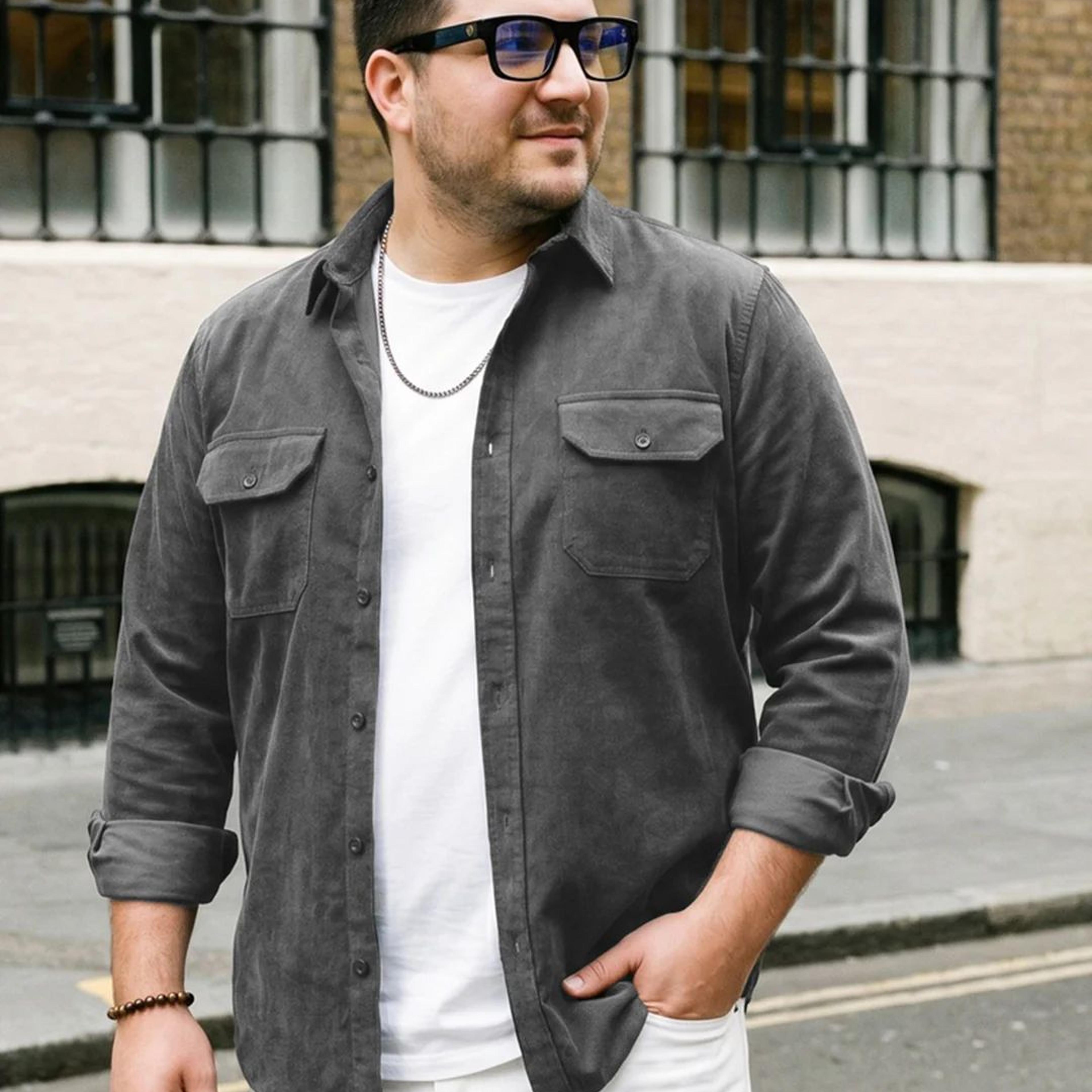 Plus Men's Grey Corduroy Full Sleeve Regular Fit Solid Overshirt with Utility Pockets