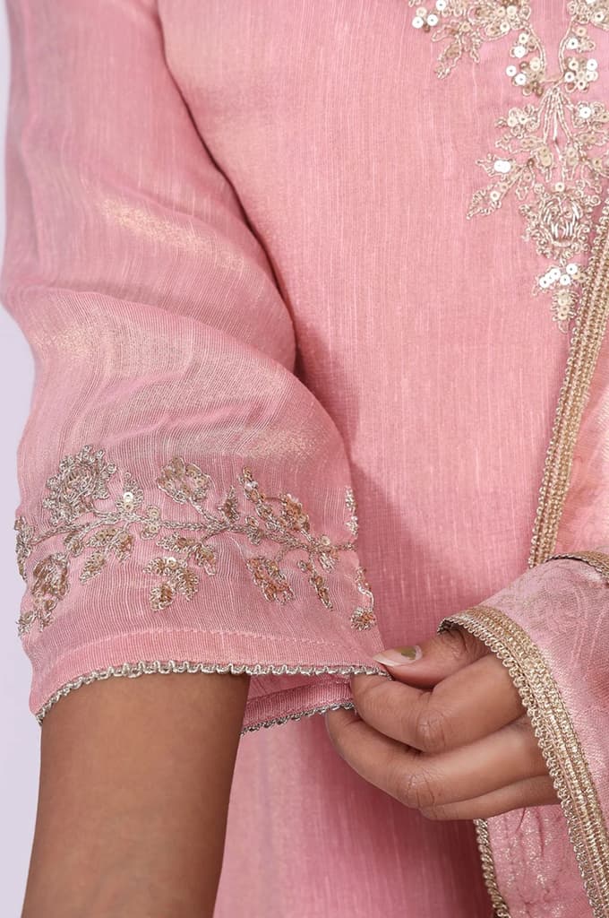 Pink Floral Tissue Straight Kurta with Straight Pant and Dupatta Set — photo 8