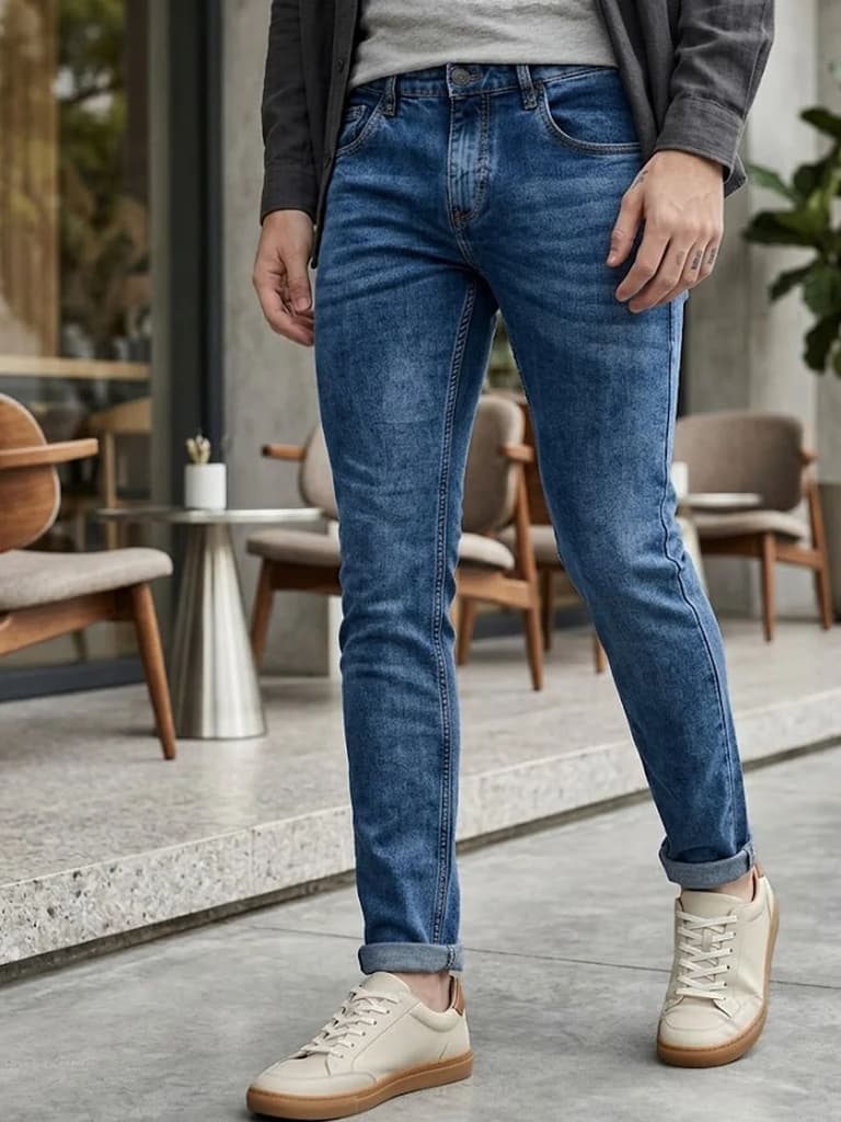 Men's Blue Slim Fit Washed Jeans Stretchable — 28 / Marine Blue