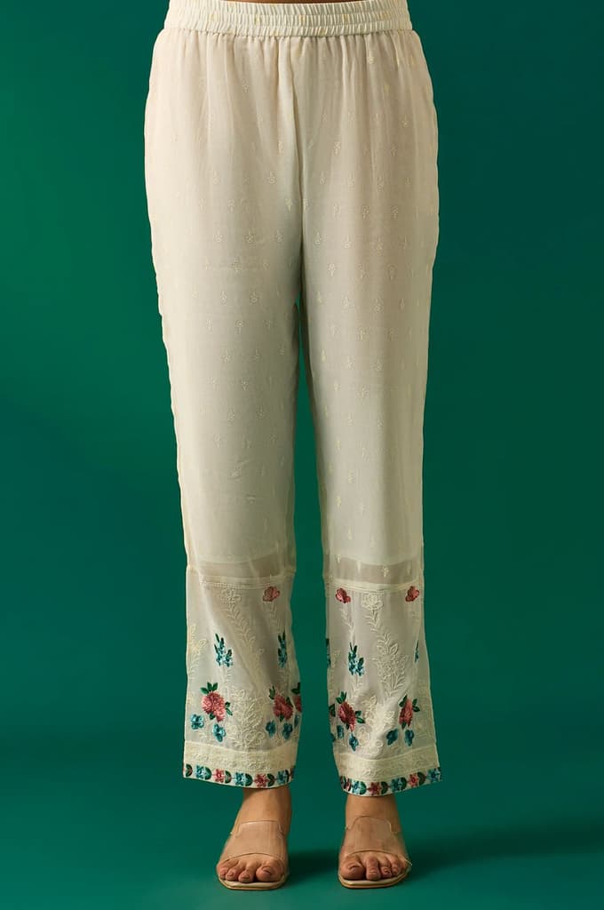 Off-White Embroidered Straight Kurta with Straight Pant and Dupatta Set — photo 6