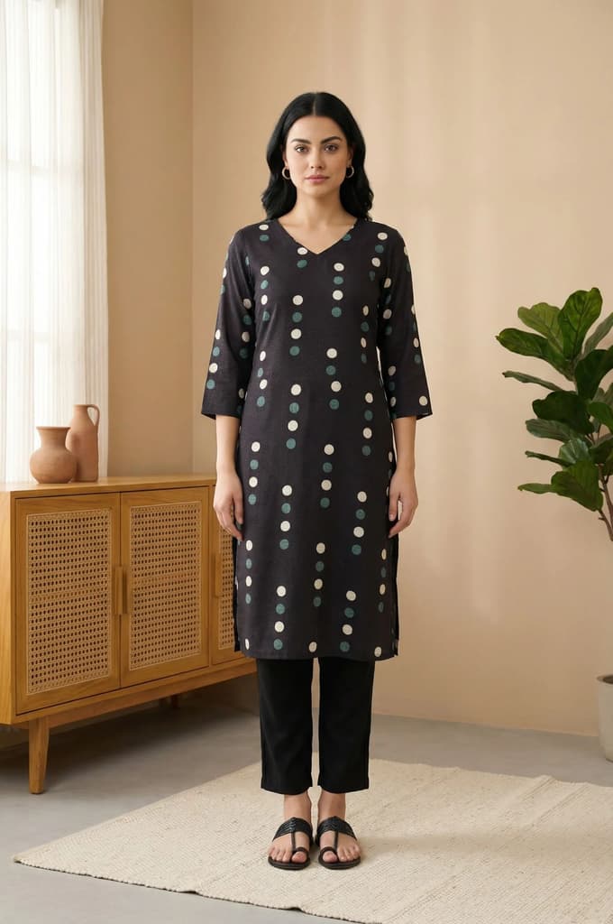 Black Polka Dots Straight Kurta — photo 2