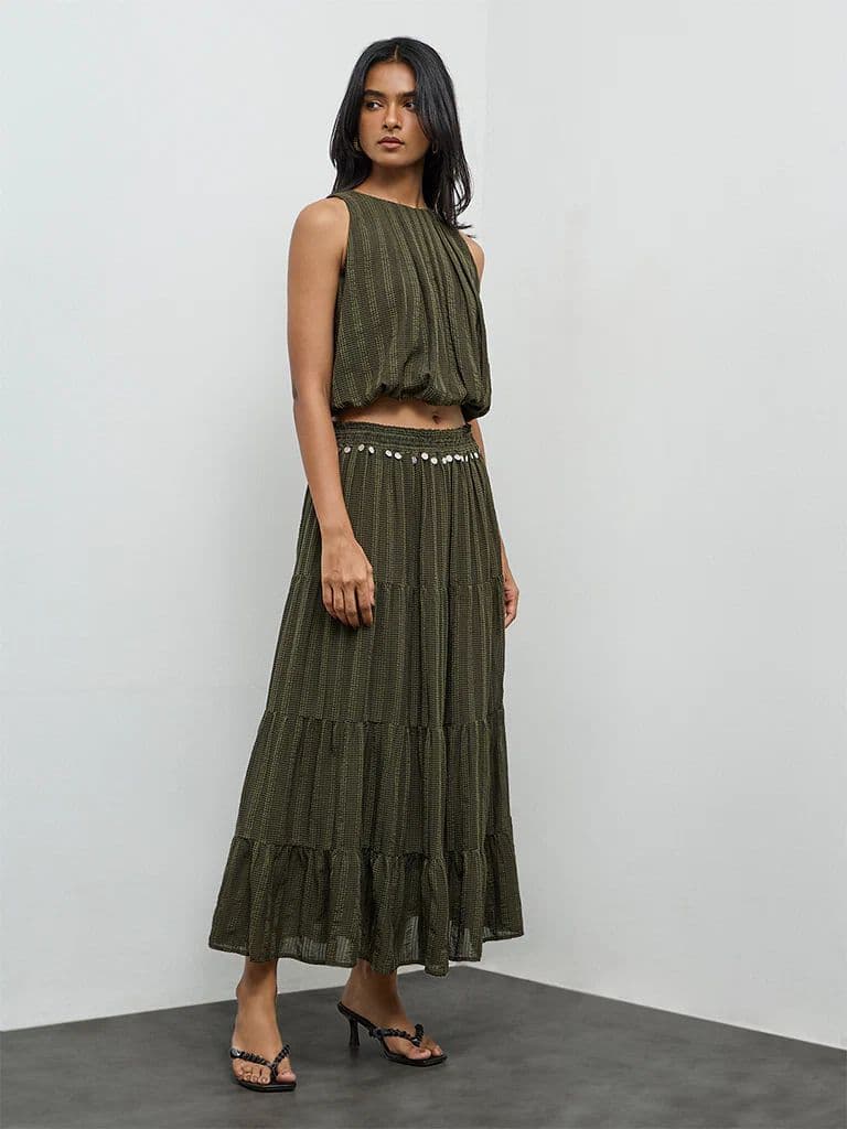 LOV Olive Embellished High-Rise Tiered Skirt