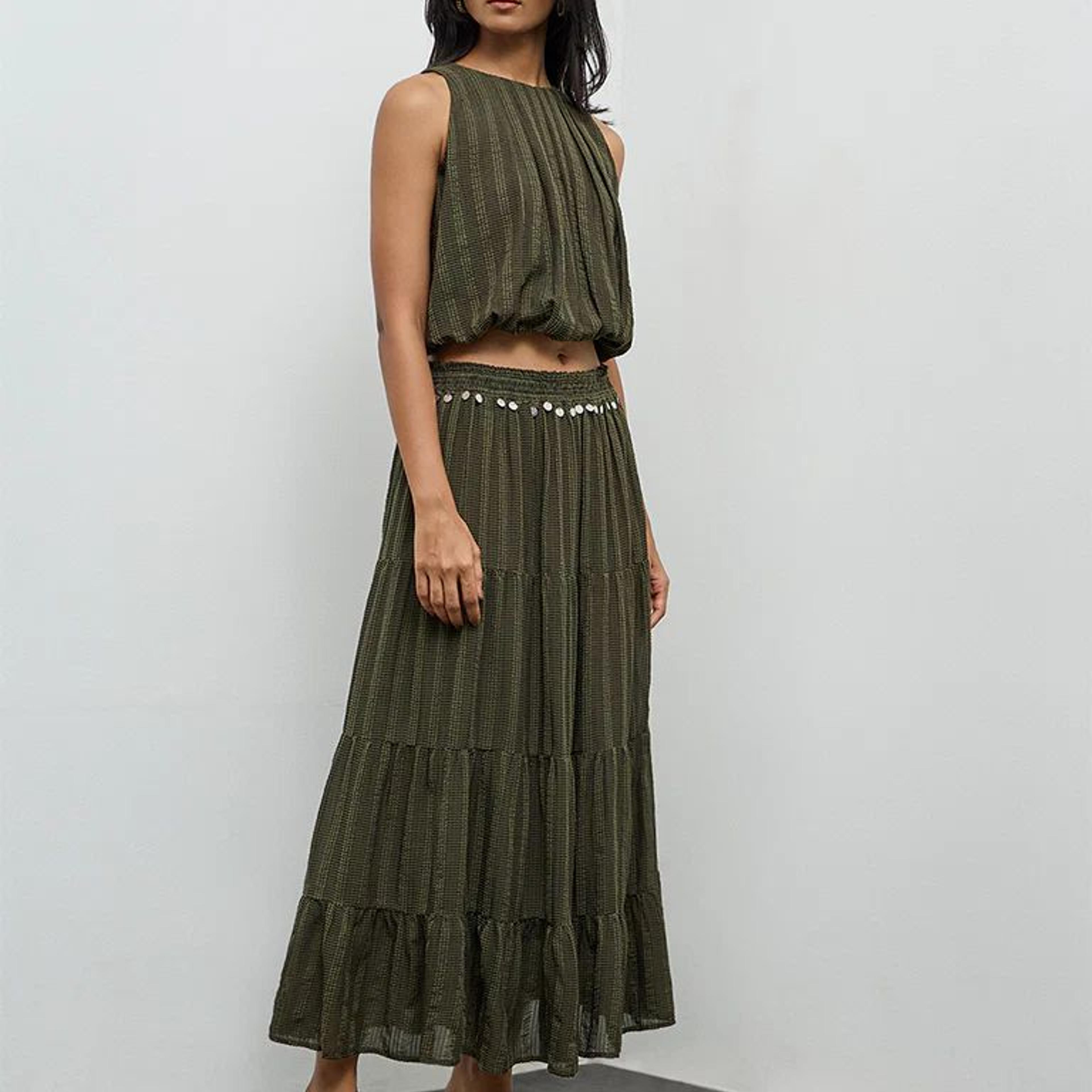 LOV Olive Embellished High-Rise Tiered Skirt