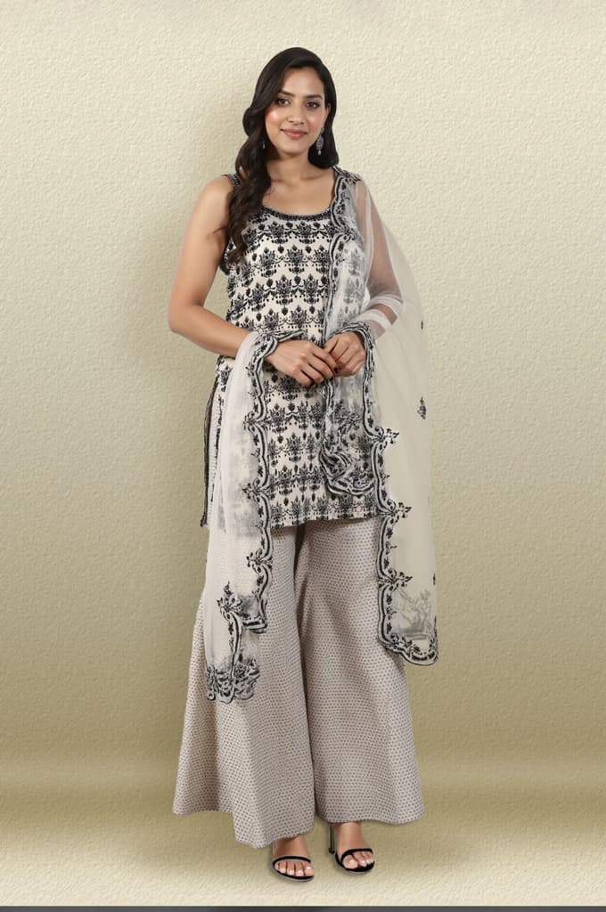 Off-White and Black Floral Printed Chanderi Short Kurta and Sharara Set with Dupatta — photo 2