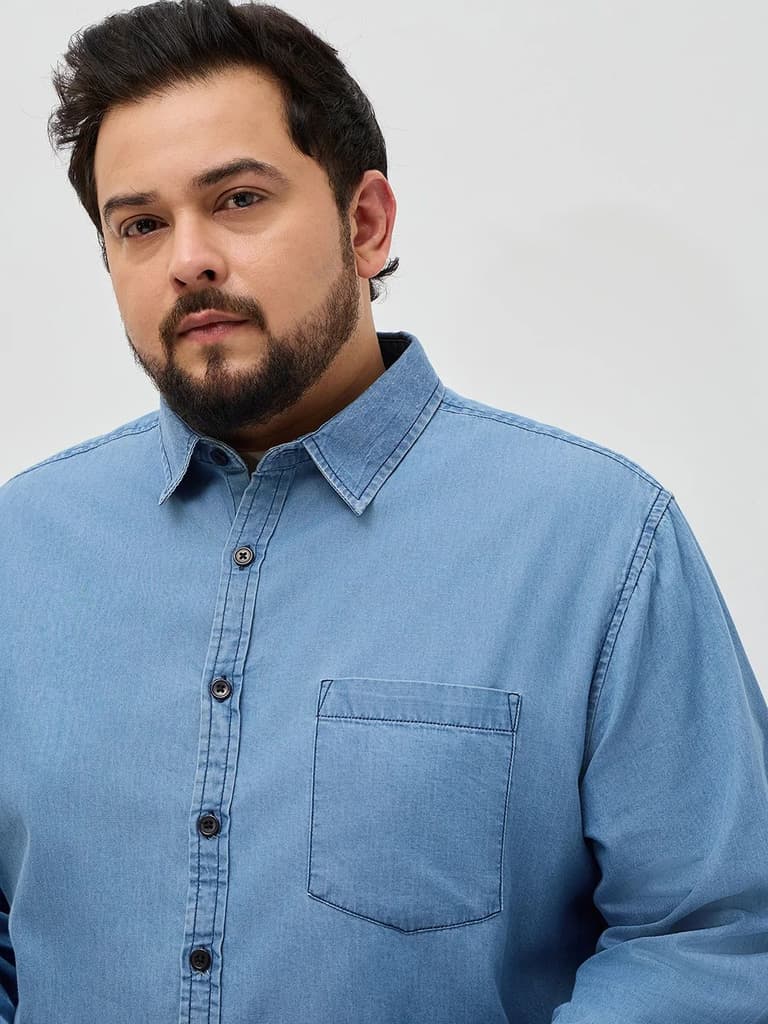 Plus Men's Light Blue Regular Fit Full Sleeve Solid Denim Shirt — photo 5