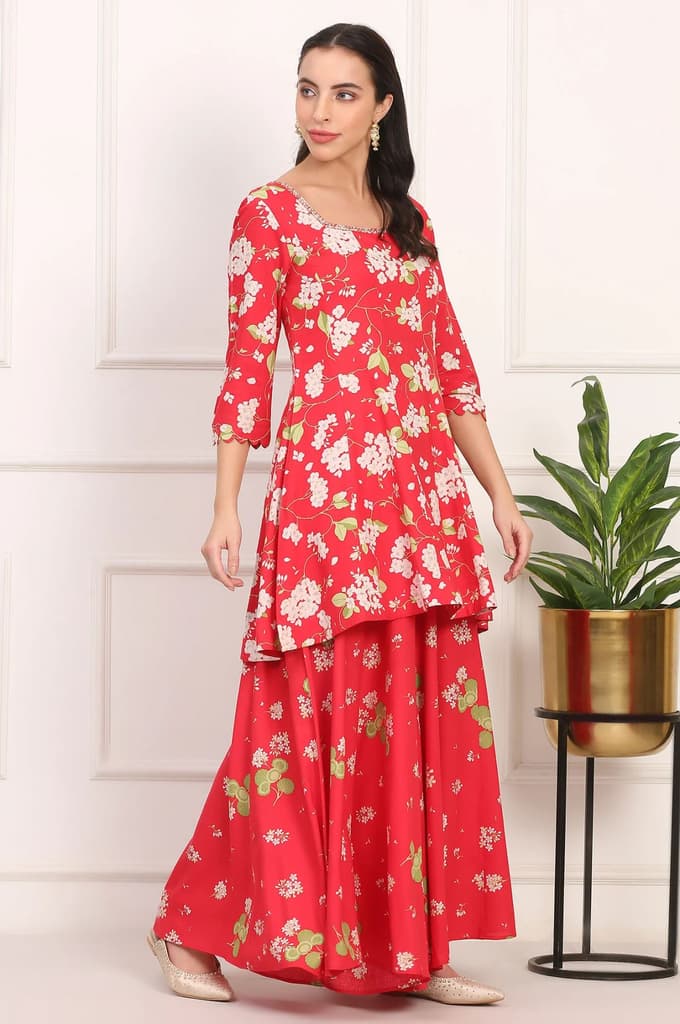 Red Floral Printed Embellished Modal Flared Short Kurta, Flared Pant and Dupatta Set — photo 6