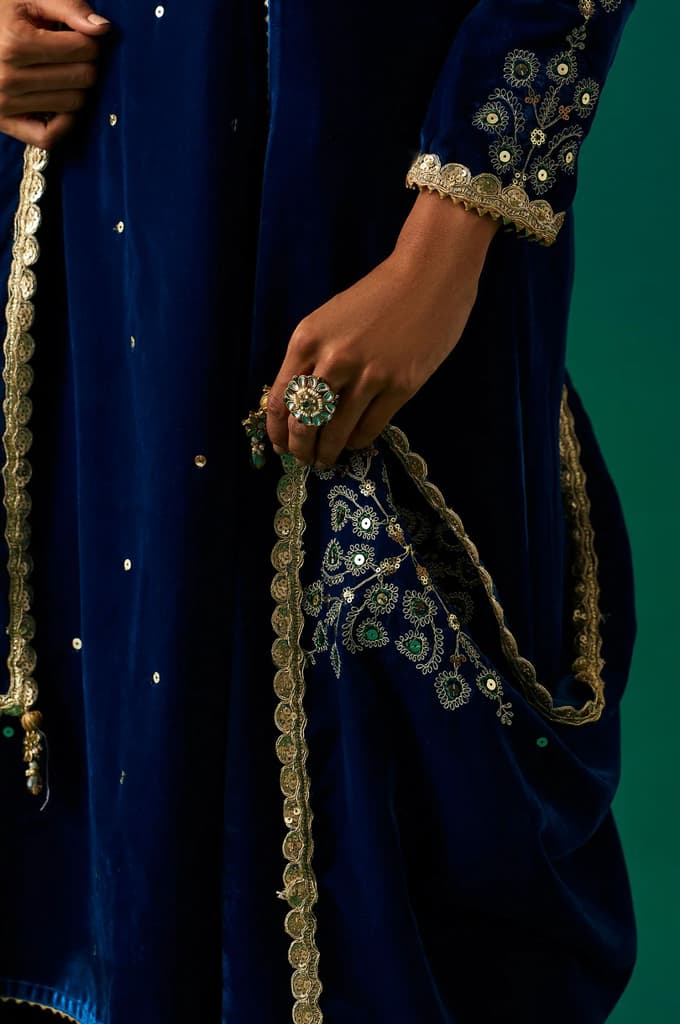 Blue Embroidered Anarkali Velvet Kurta with Salwar and Dupatta Set — photo 5