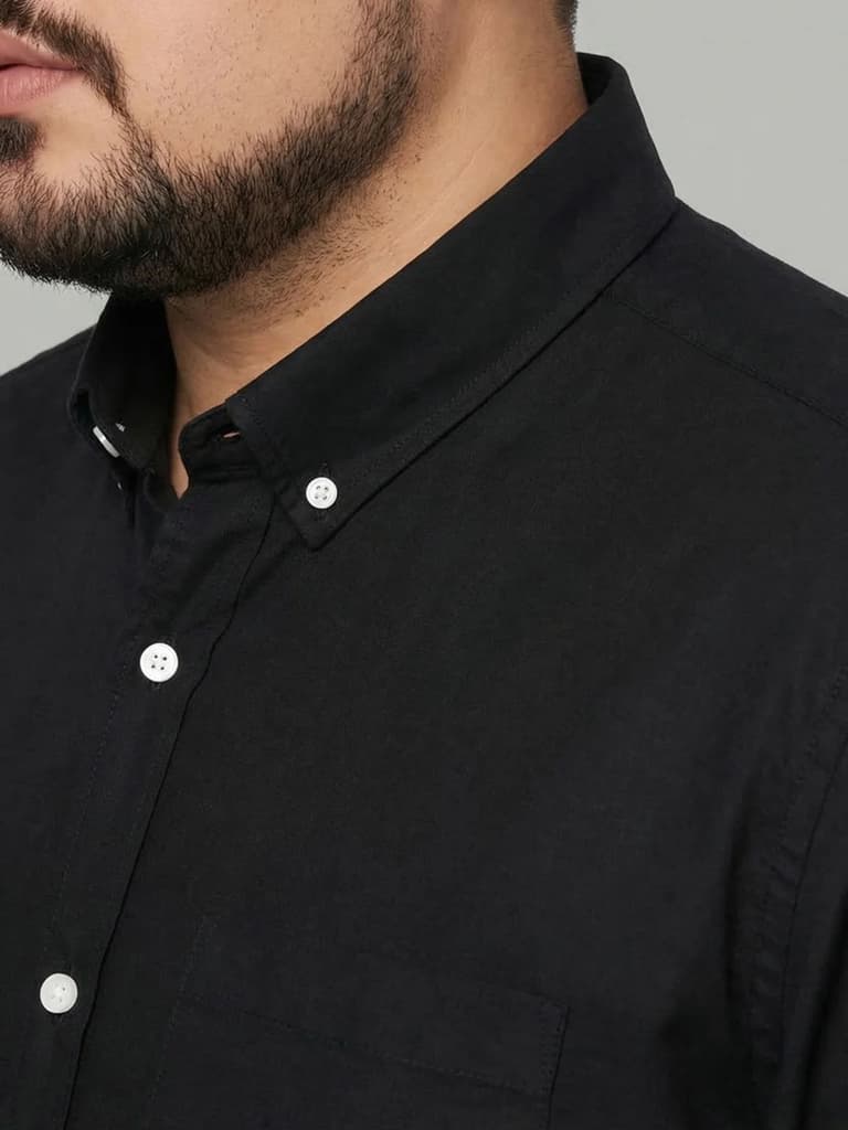Plus Men's Black Cotton Full Sleeve Regular Fit Solid Oxford Shirt With Button-Down Collar — photo 5