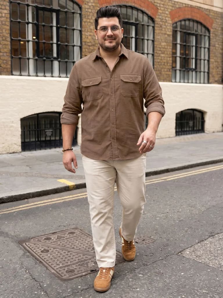 Plus Men's Taupe Corduroy Full Sleeve Regular Fit Solid Overshirt with Utility Pockets — photo 4