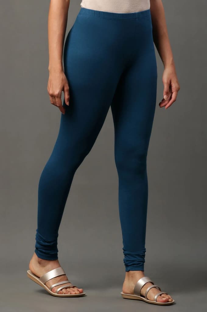 Blue Solid Skinny Fit Cotton Tights With Elasticated Waistband — photo 4