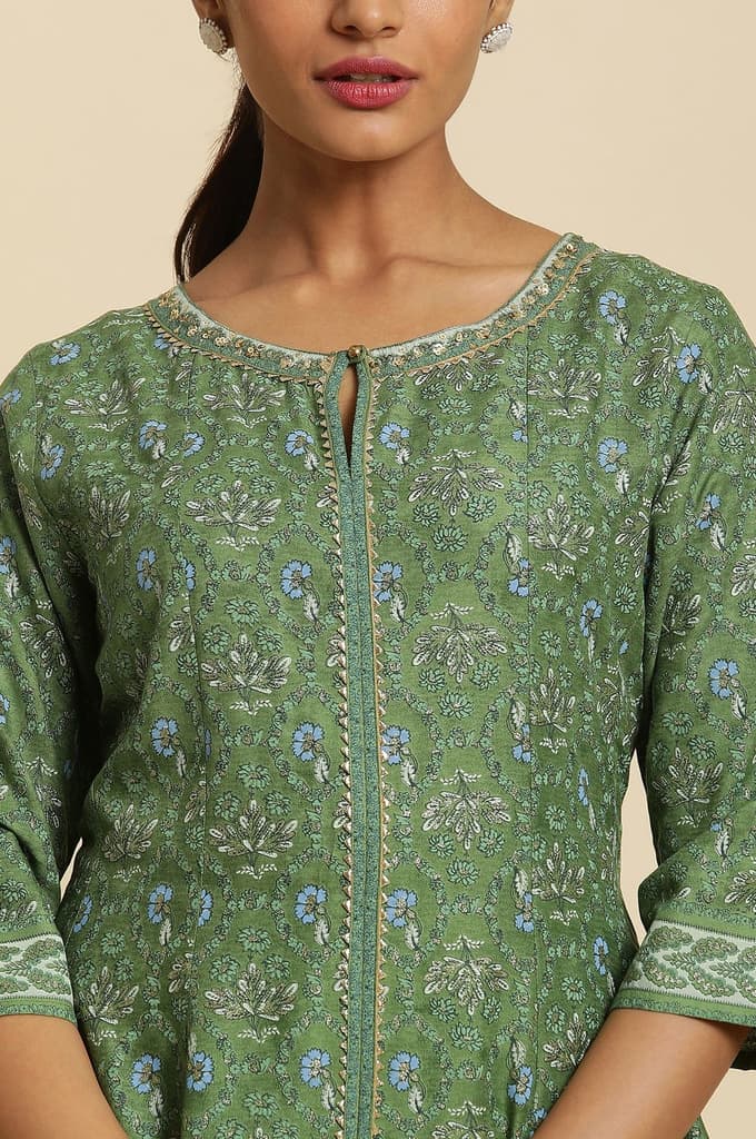 Green Floral Printed Embroidered Anarkali Kurta with Straight Pant Set — photo 6