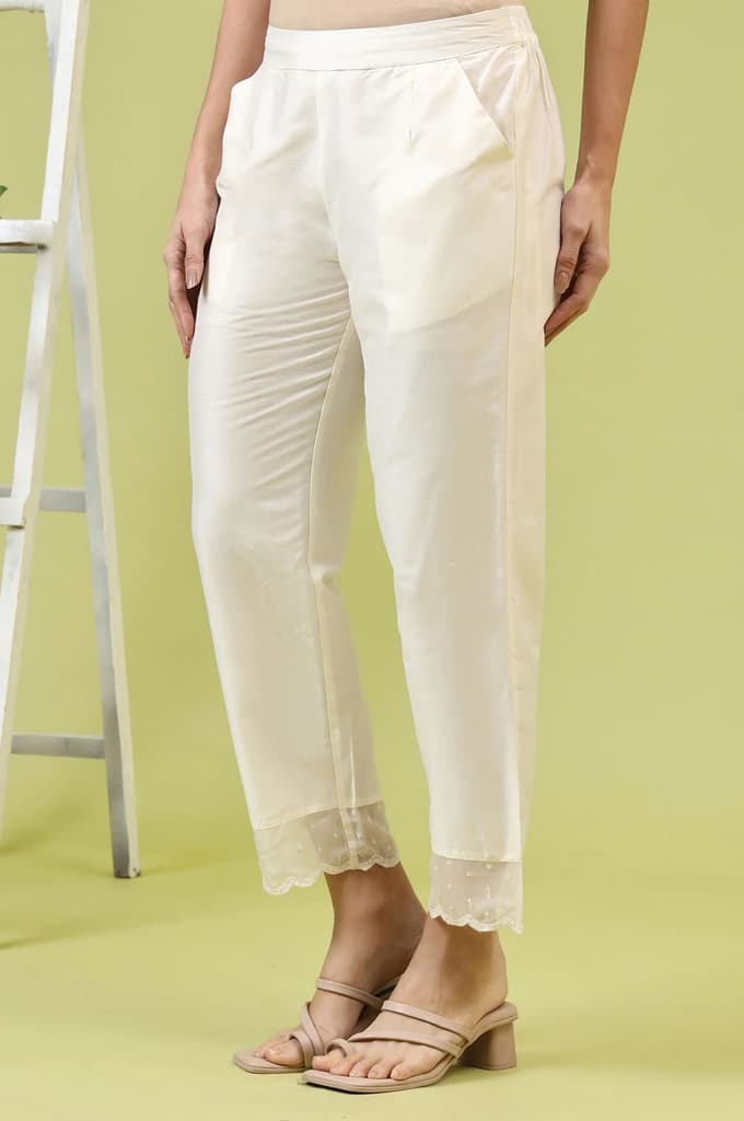 White Solid Mid-Rise Straight Pants with Embroidered Organza Scallop Hemline — photo 4
