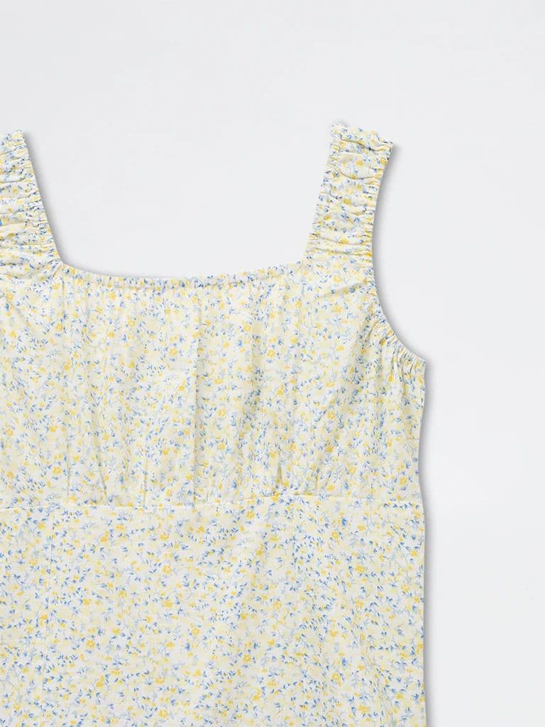 Y&F Kids Girls Yellow Floral Cotton Printed Tiered Dress — photo 3