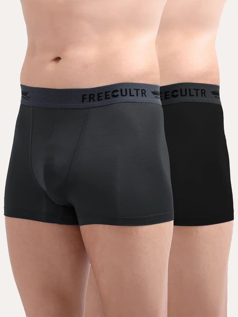 Men's Anti-Bacterial Micro Modal Trunk in Contrast Waistband (Pack of 2) — Ash Grey; Pot Black / S / Men