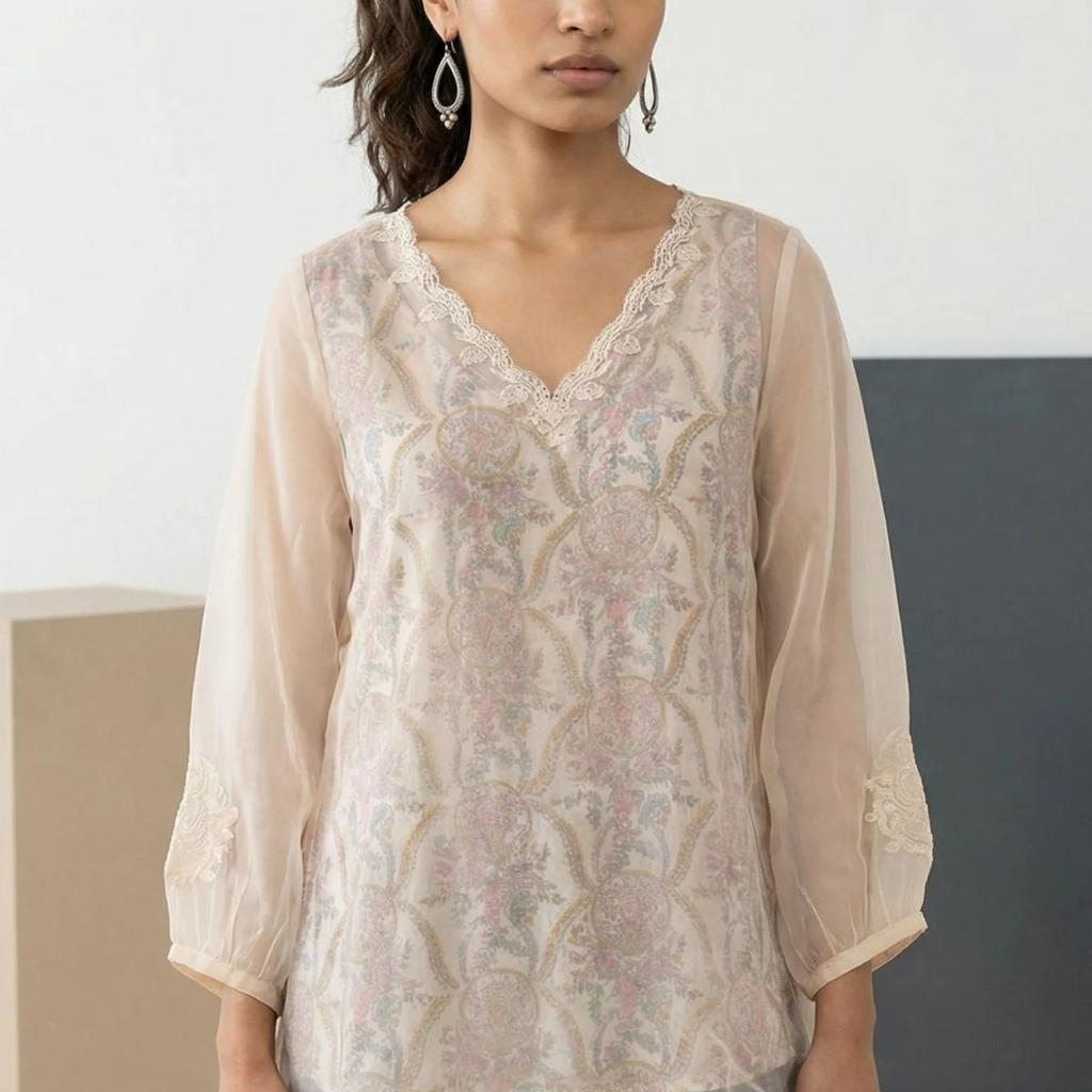 Cream Floral Printed Lace Organza Straight Top with Printed Slip