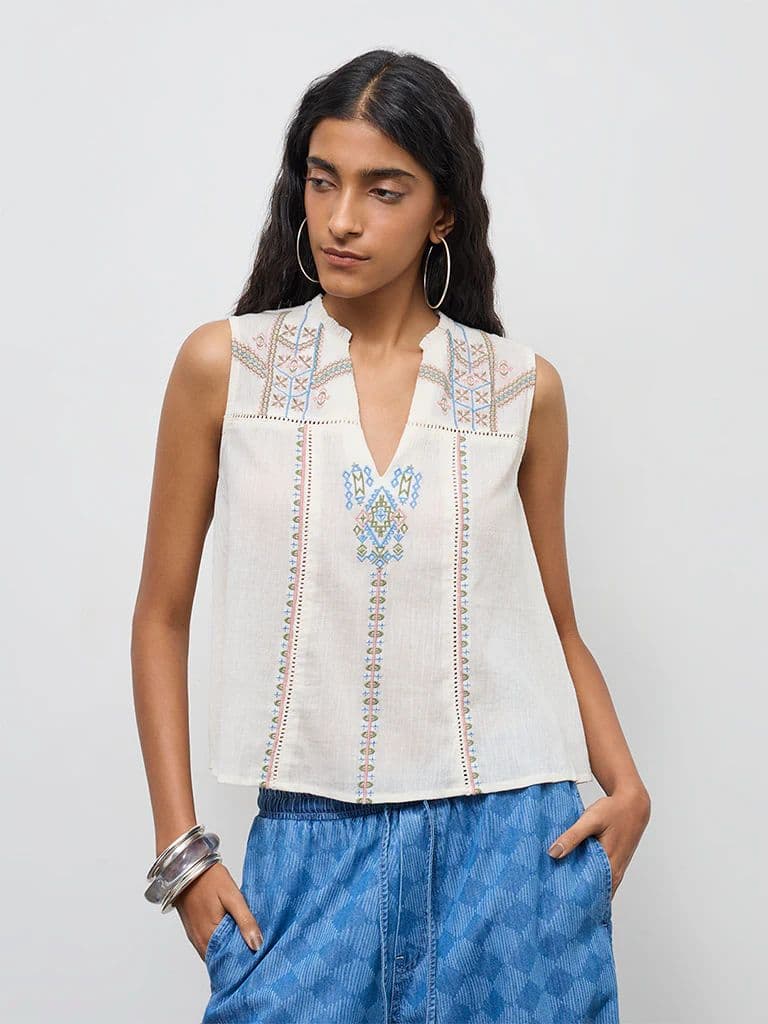 Bombay Paisley Off-White Aztec Embroidered Cotton Top — photo 2
