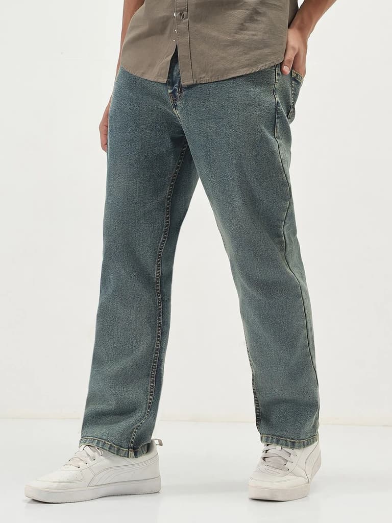 Men's Light Blue Straight Fit Heavy Washed Jeans Stretchable — photo 2