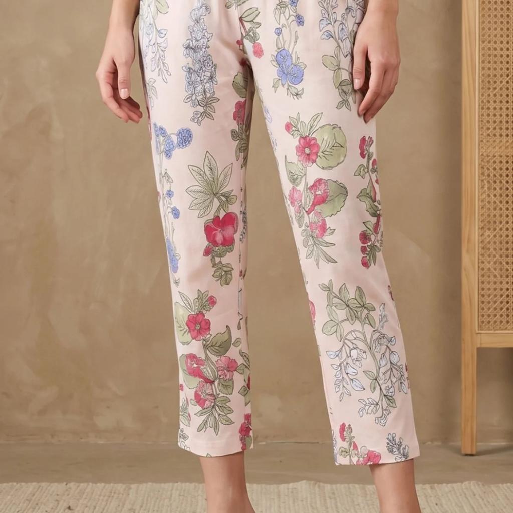 Peach Floral Printed Pure Cotton Straight Fit Pants