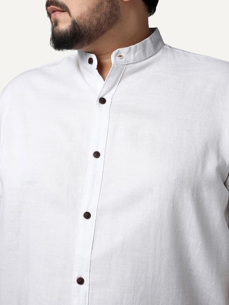 Plus Men's White Linen Blend Full Sleeve Relaxed Fit Mandarin Collar Casual Solid Shirt — photo 5