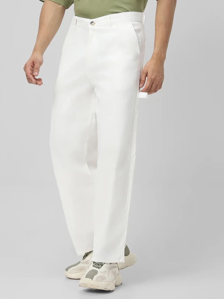 Men's White Loose Baggy Fit Solid Carpenter Trouser Pant with 5 Pockets Non-Stretchable — photo 3