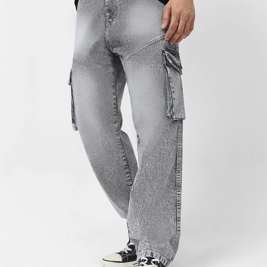 Men's Ice Grey Loose Fit Cargo Jeans With 7 Pockets Non Stretchable