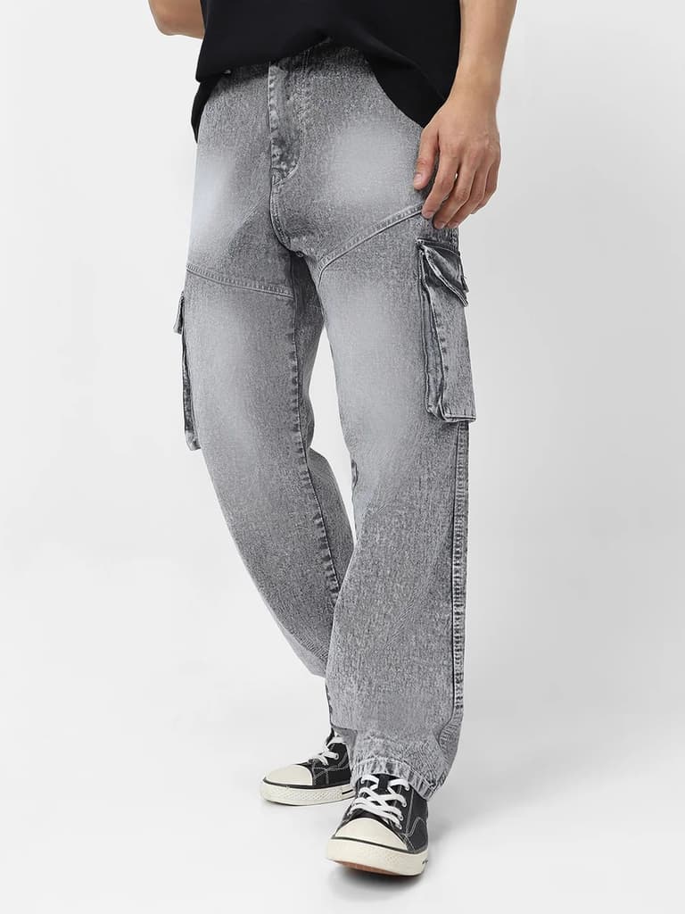 Men's Ice Grey Loose Fit Cargo Jeans With 7 Pockets Non Stretchable — 28 / Ice Grey