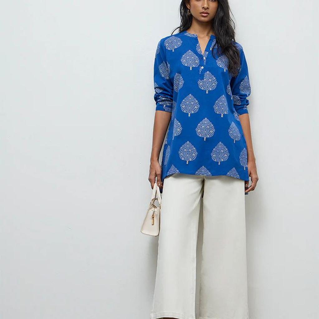 Utsa Indigo Leaf Pattern Cotton-Blend Tunic