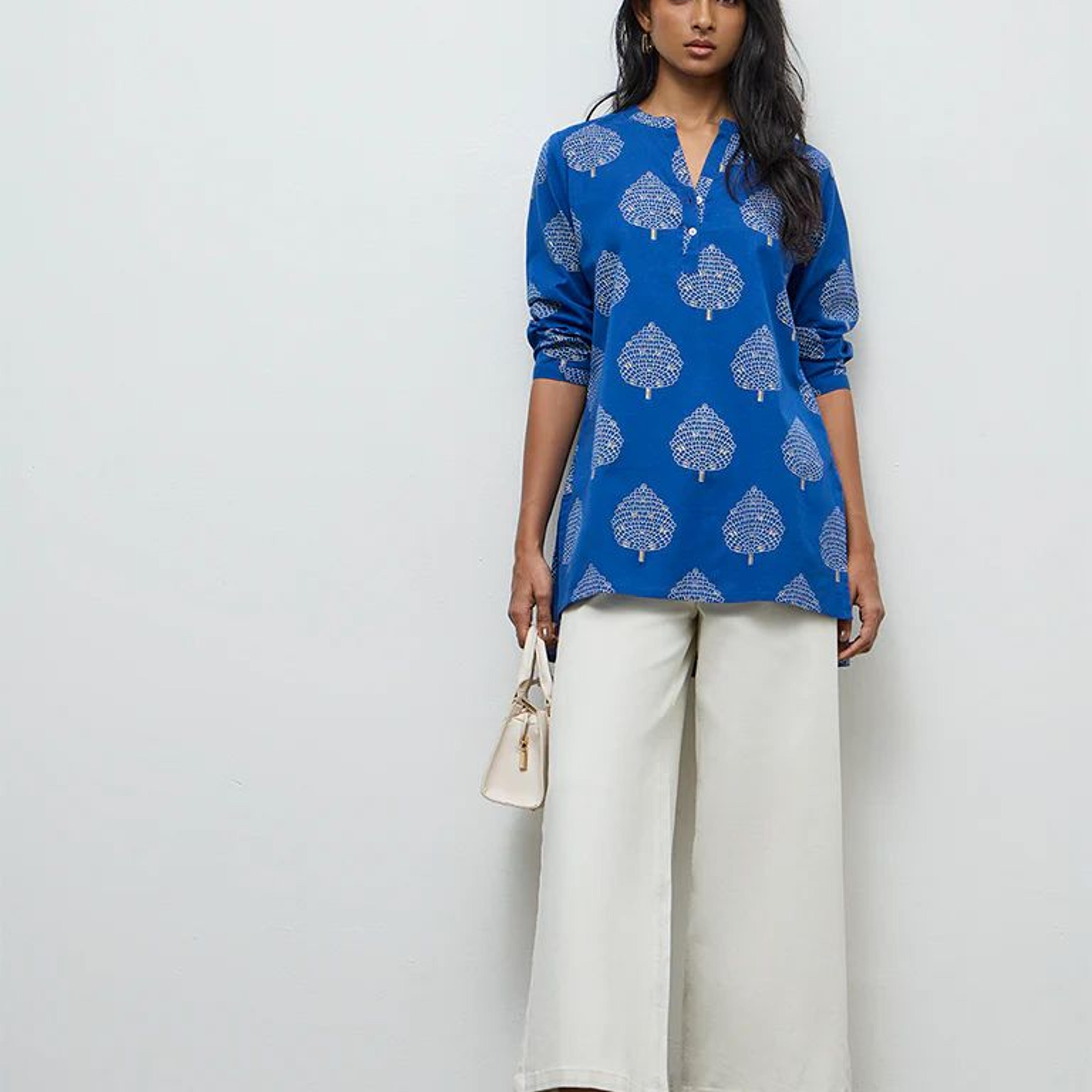 Utsa Indigo Leaf Pattern Cotton-Blend Tunic