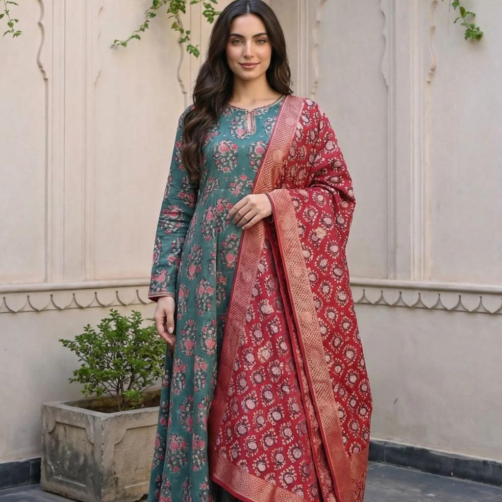 Green Floral Printed Satin Anarkali Kurta with Straight Pant and Dupatta Set