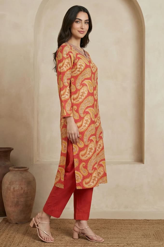 Rust Red Paisley Thread Embroidered Modal Straight Kurta — photo 6