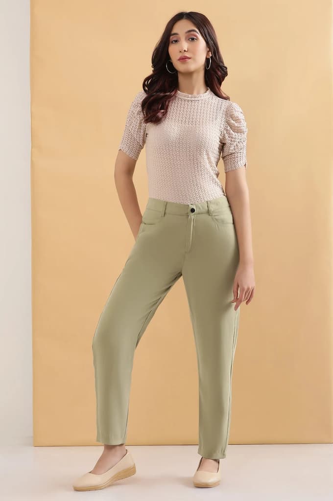 Green Solid Straight Fit Woven Pants With Belt Loops