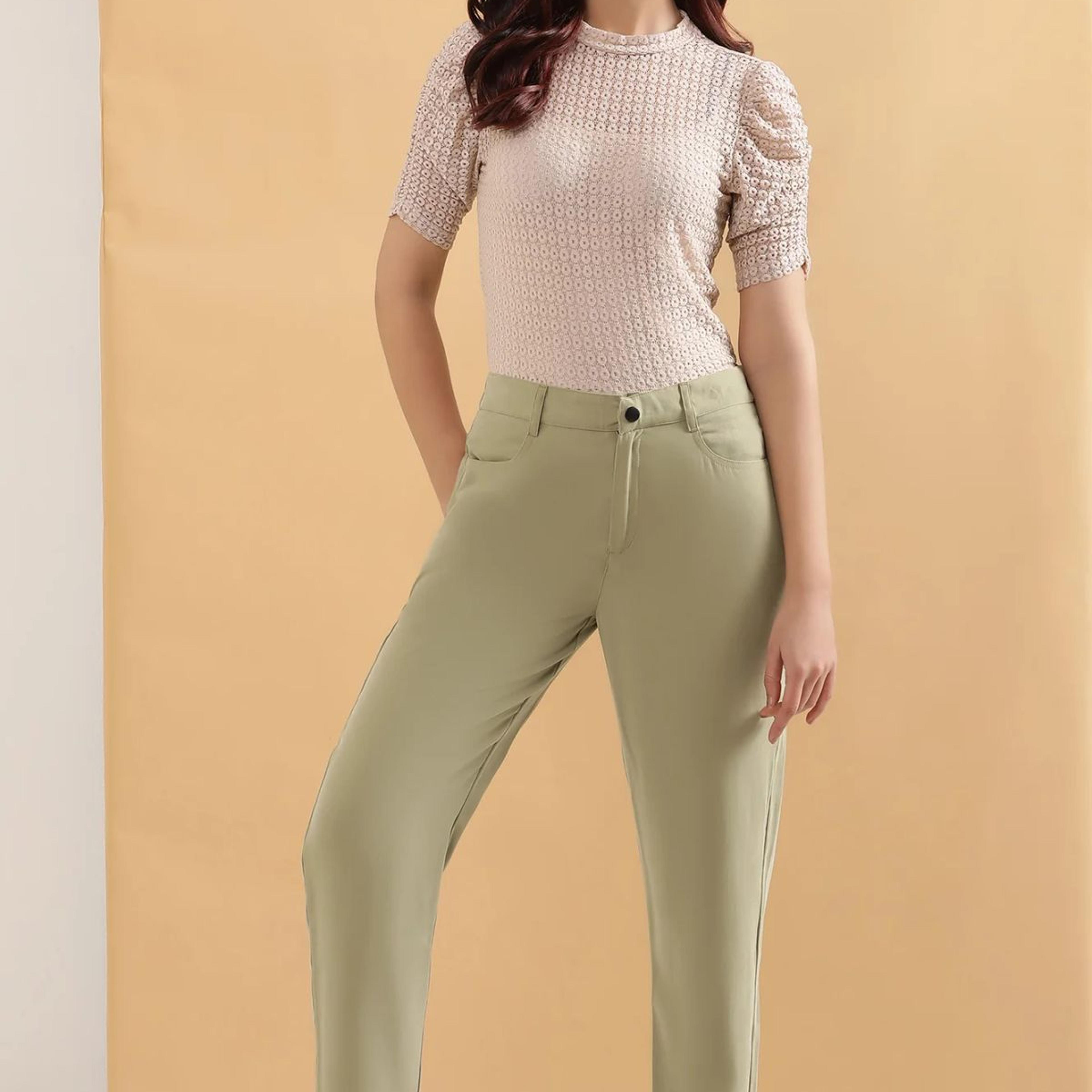 Green Solid Straight Fit Woven Pants With Belt Loops