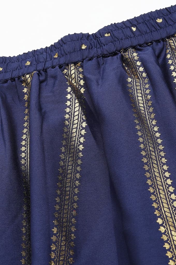 Navy Blue Floral Printed Flared Woven Skirt With Elasticated Waist — photo 6