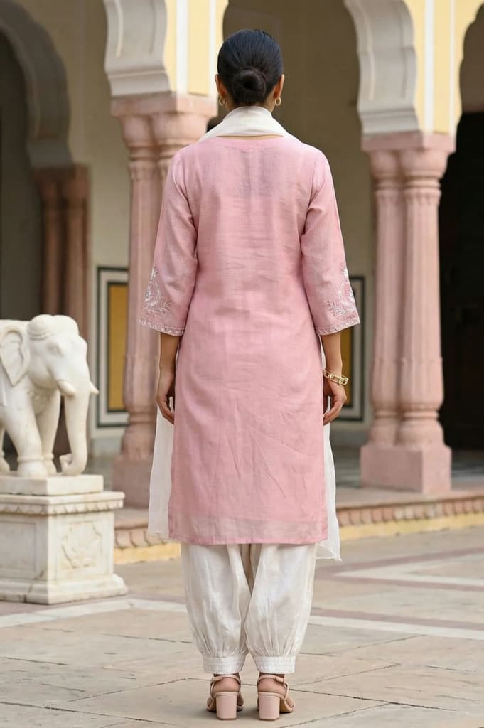 Rose Pink Zari Embroidered Cotton Blend Straight Kurta with Salwar and Dupatta Set — photo 5