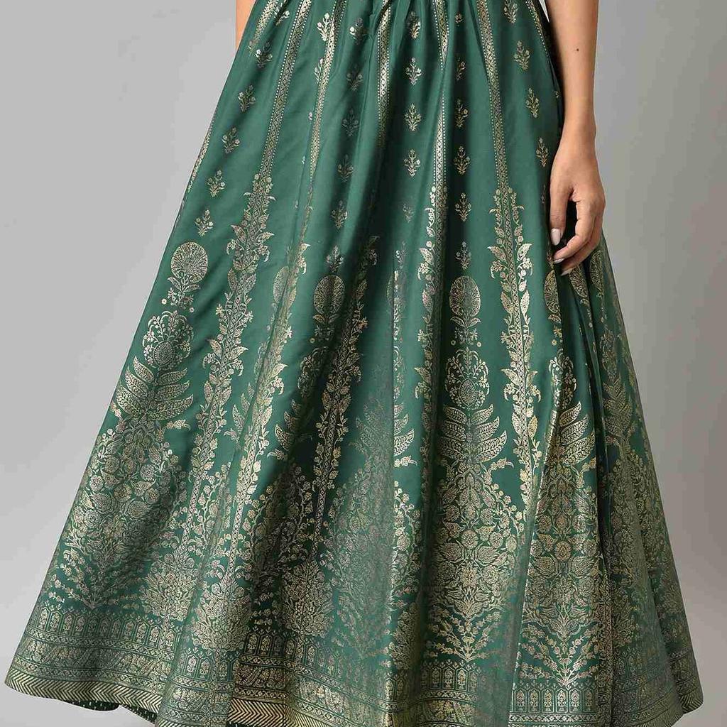 Green Floral Printed Flared Woven Skirt With Elasticated Waist
