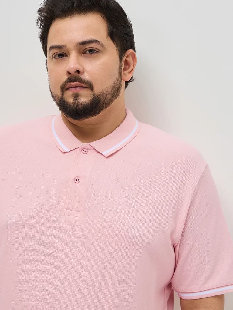 Plus Men's Dusty Pink Solid Regular Fit Half Sleeve Cotton Polo T-Shirt — photo 5