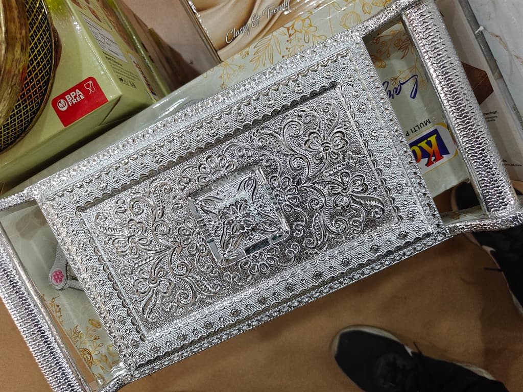 Silver Tray with Design | Serving Tray | Metal | Silver