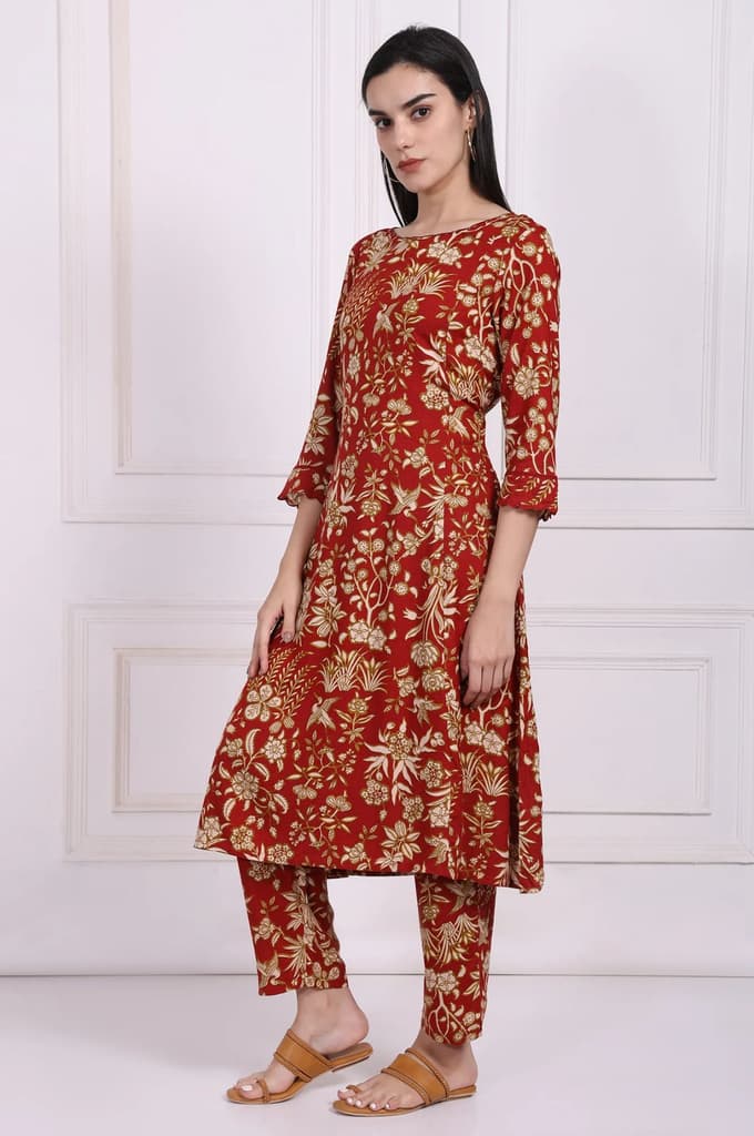 Red Floral Printed A-Line Kurta with Straight Pant and Dupatta Set — photo 4