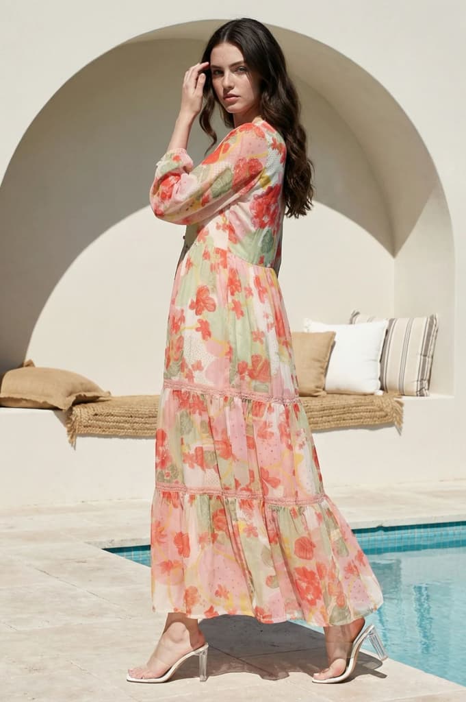 Pink Floral Printed Tiered Dress — photo 3