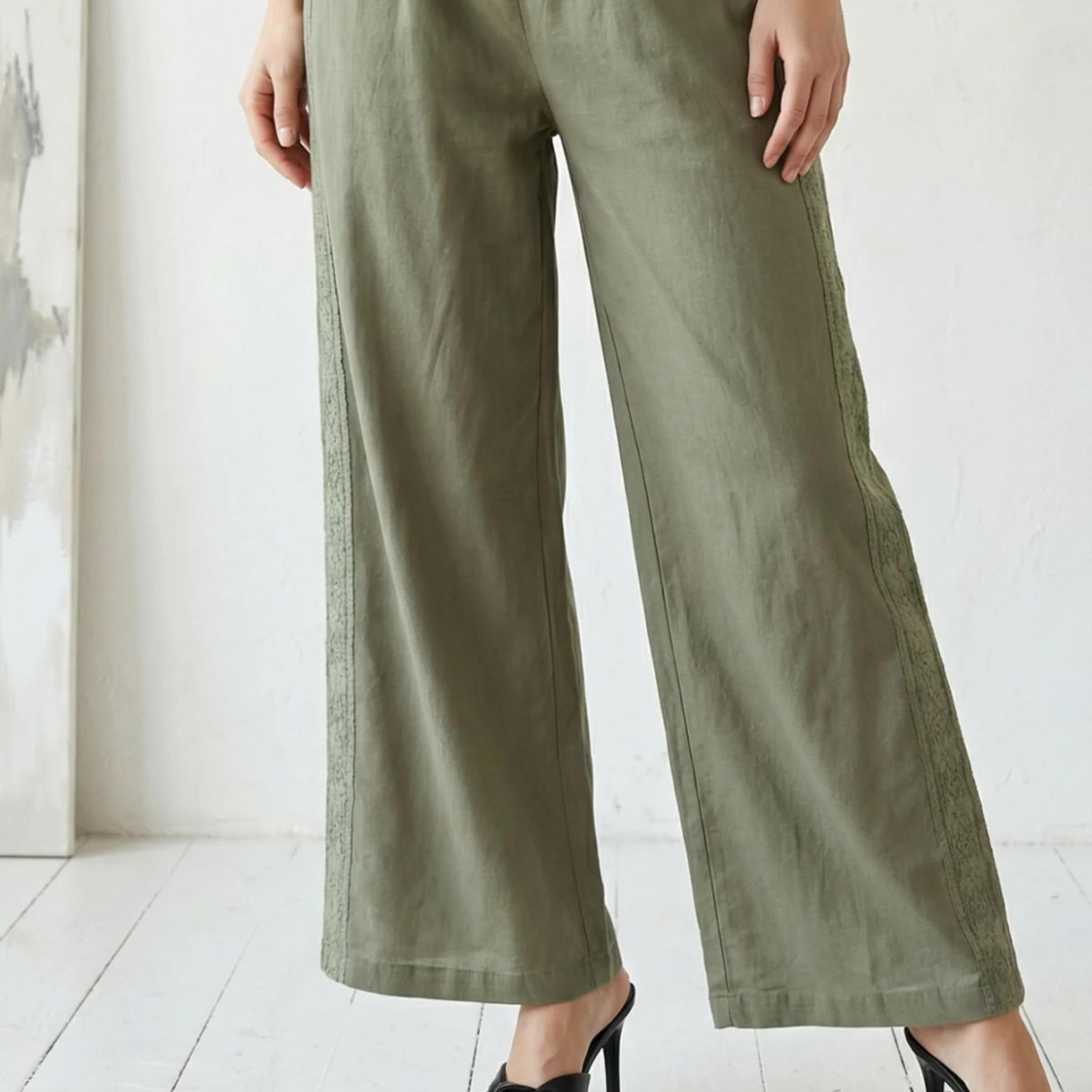 Olive Solid Lace Cotton Blend Relaxed Fit Ankle Length Pants