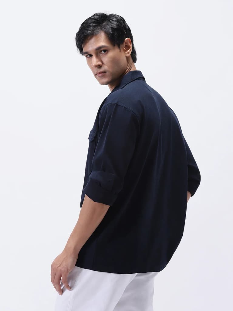 Men's Navy Cotton Full Sleeve Relaxed Fit Shacket with Utility Pockets — photo 3