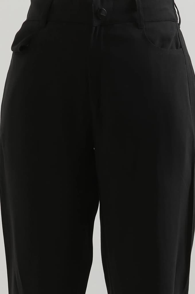 Black Solid Straight Fit Rayon Pants With Button Closure — photo 6