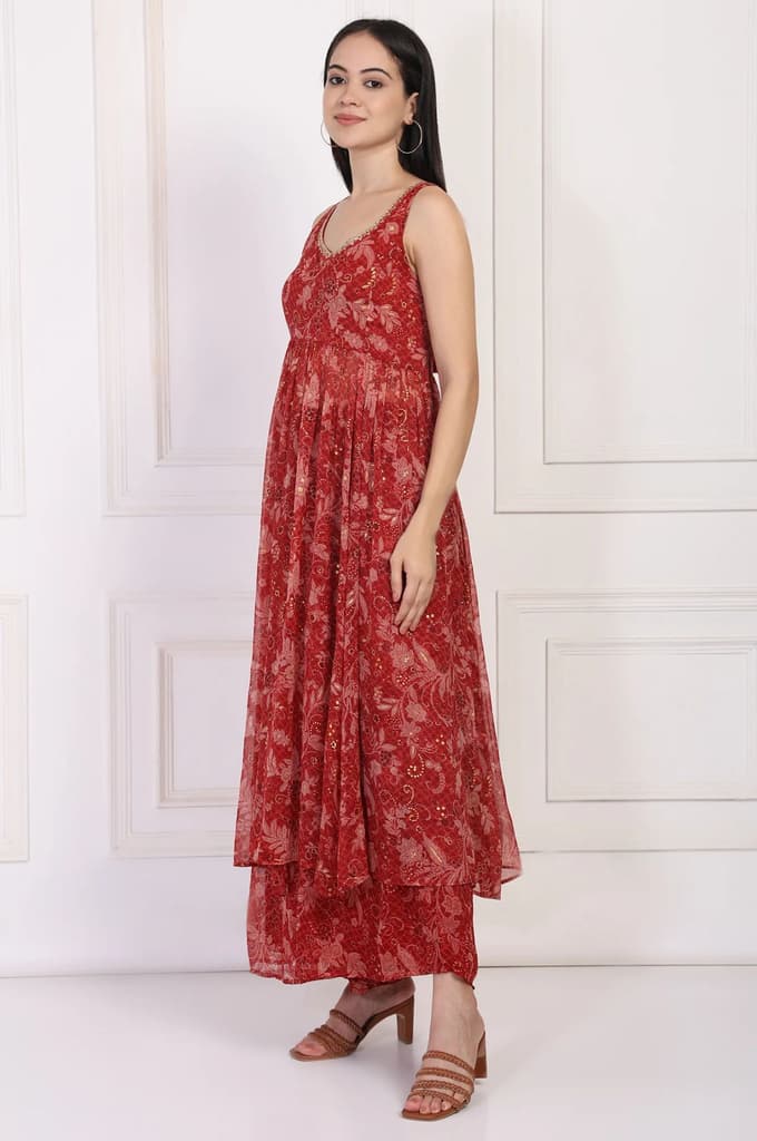 Red Floral Printed Lace Trim Anarkali Chiffon Kurta with Flared Pant and Dupatta Set — photo 4
