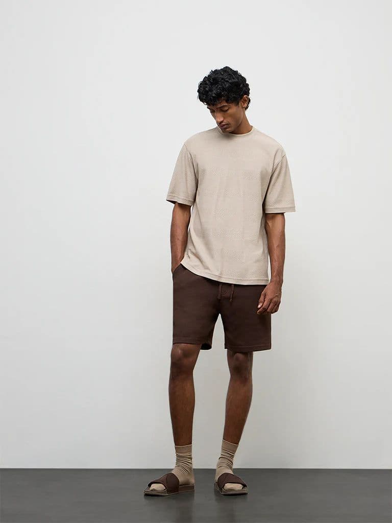 WES Lounge Light Beige Textured Relaxed-Fit Cotton T-Shirt — photo 2